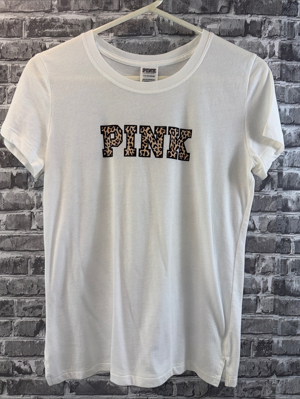 PINK Victoria's Secret White Tee with Leopard Print Logo